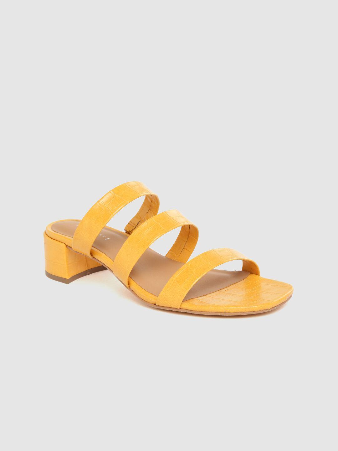 allen solly women mustard yellow croc-textured heeled mules