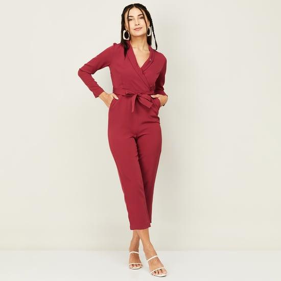 allen solly women solid belted cropped wrap jumpsuit