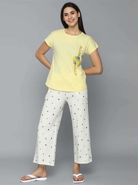 allen solly yellow & off-white cotton printed t-shirt pyjama set