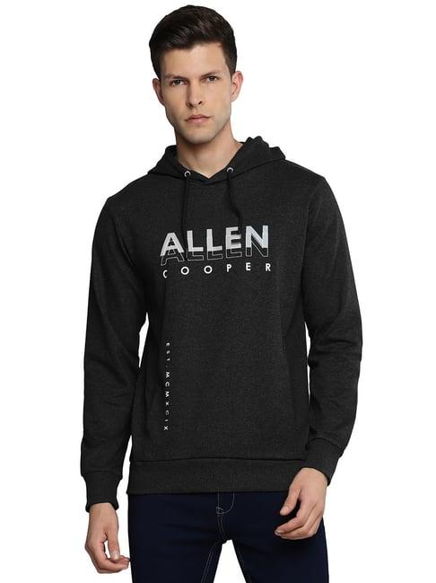 allen cooper black melange regular fit graphic printed hooded sweatshirt
