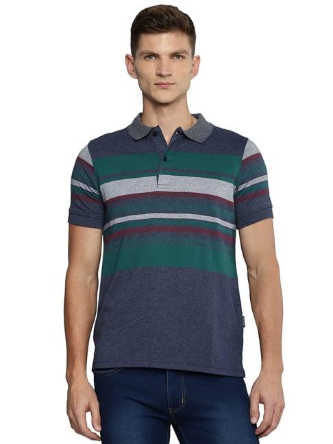 allen cooper blue & teal regular fit striped polo t-shirt