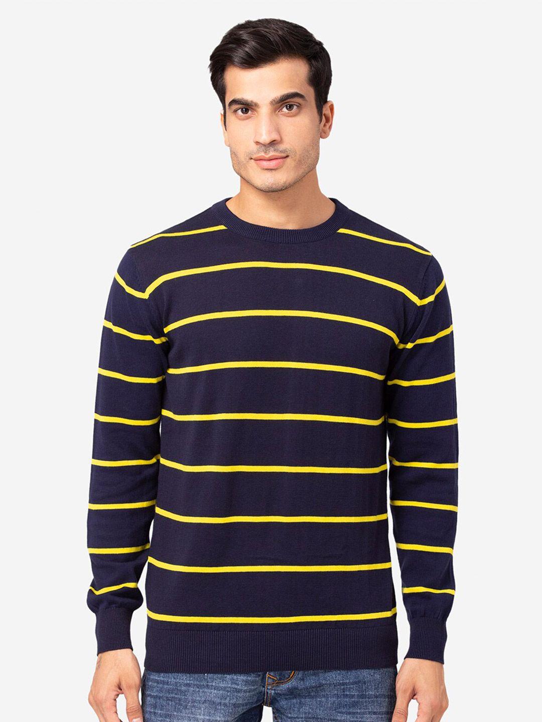 allen cooper men navy blue & yellow striped pullover sweater
