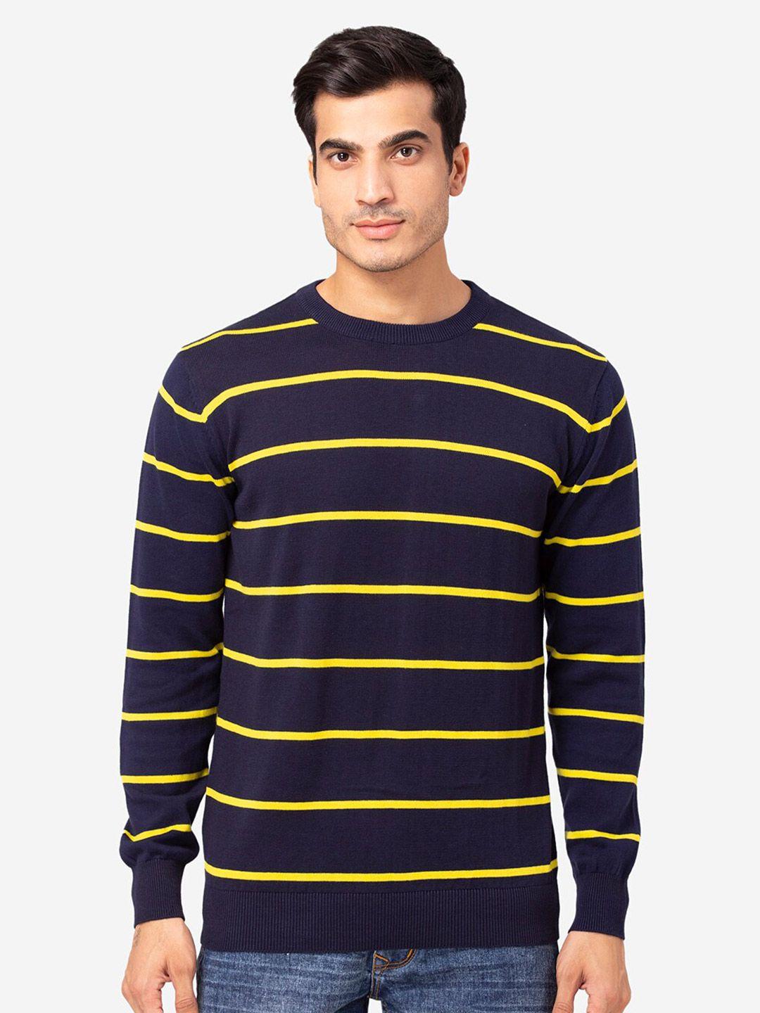 allen cooper men navy blue & yellow striped striped pullover