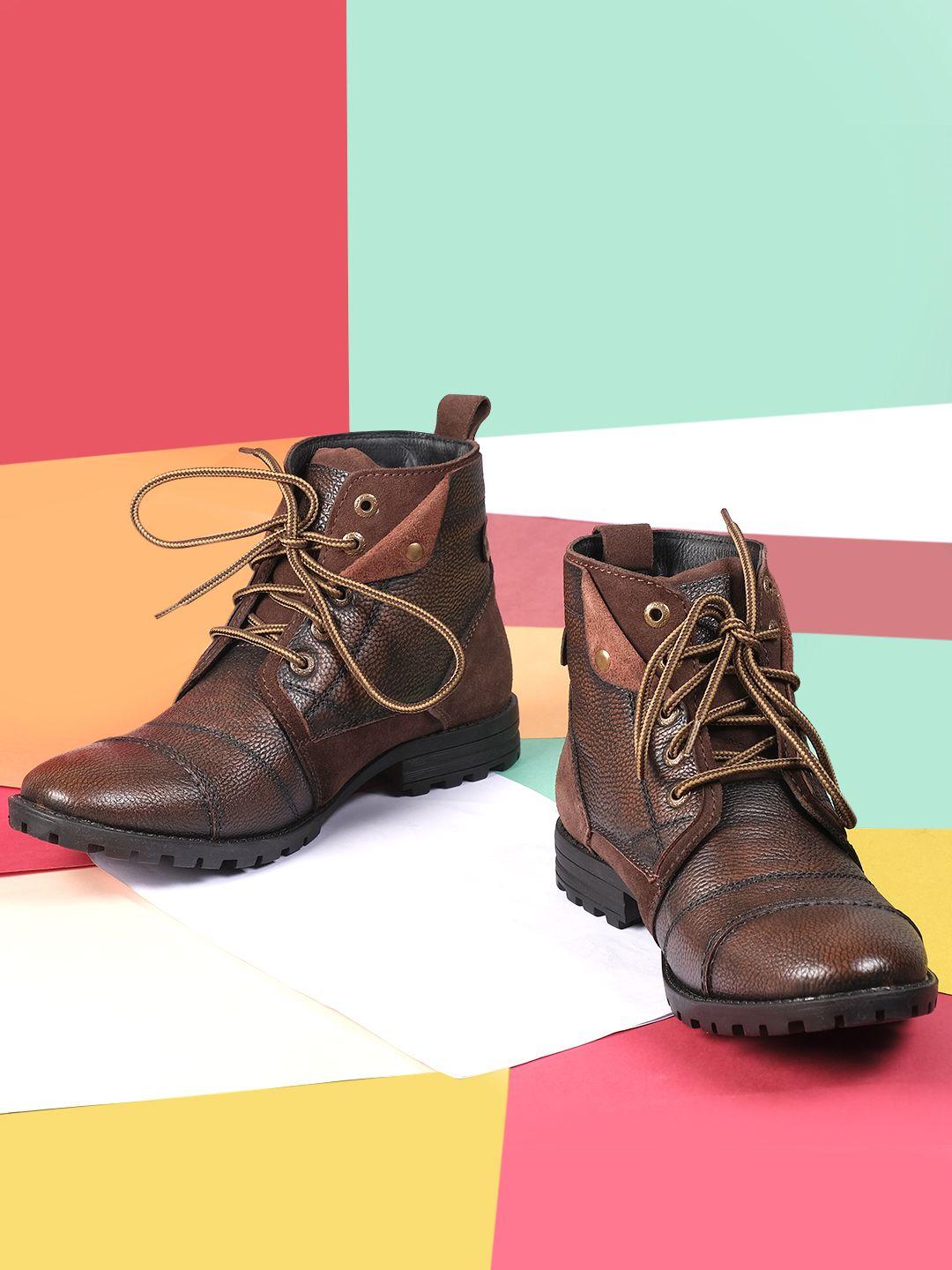 allen cooper men tan brown colourblocked genuine leather mid-top flat boots