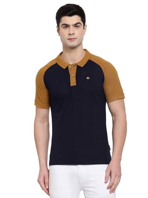 allen cooper mustard & navy regular fit colour-block polo t-shirt