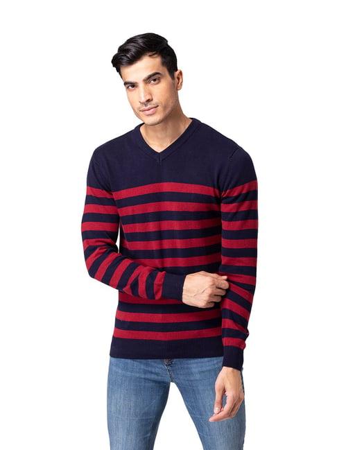 allen cooper navy & maroon regular fit striped sweater