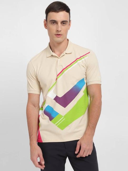 allen solly beige cotton regular fit printed polo t-shirt