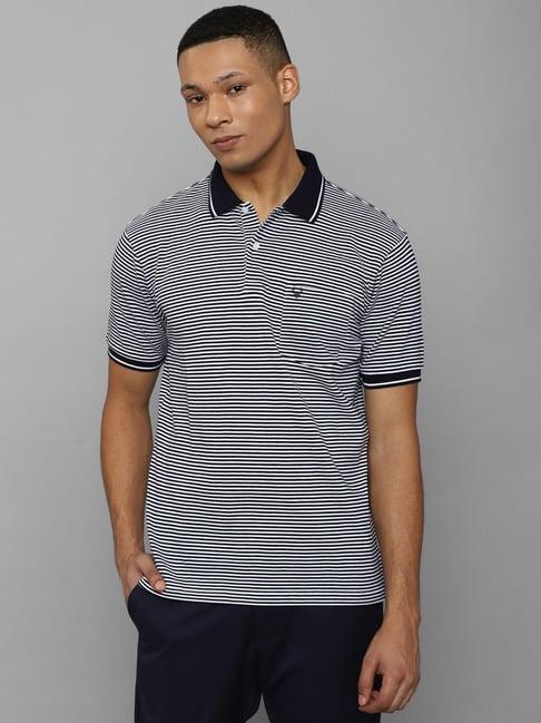 allen solly black & white cotton regular fit striped polo t-shirt
