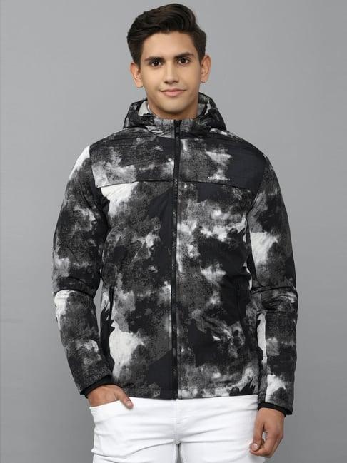 allen solly black cotton regular fit printed hooded jacket