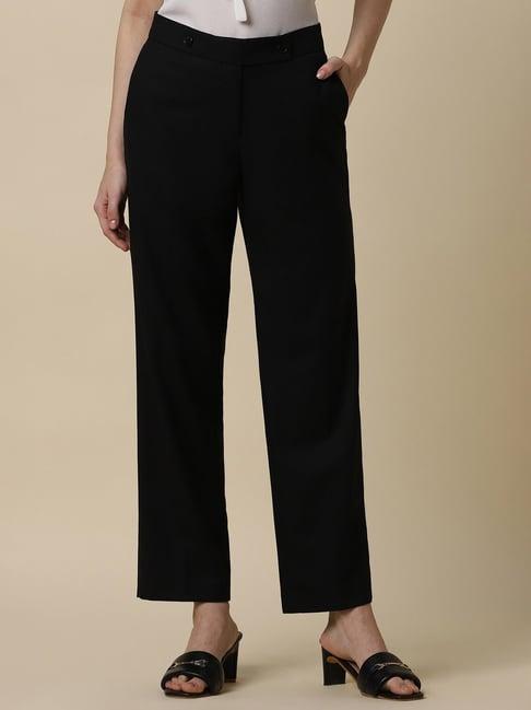 allen solly black regular fit mid rise trousers