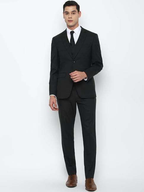 allen solly black slim fit textured three piece suit
