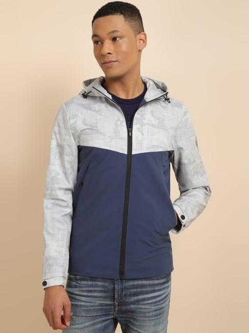allen solly blue cotton regular fit colour block hooded jacket