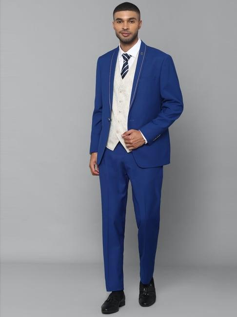 allen solly blue slim fit printed three piece suit