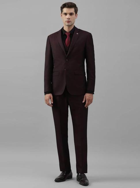 allen solly brown slim fit three piece suit