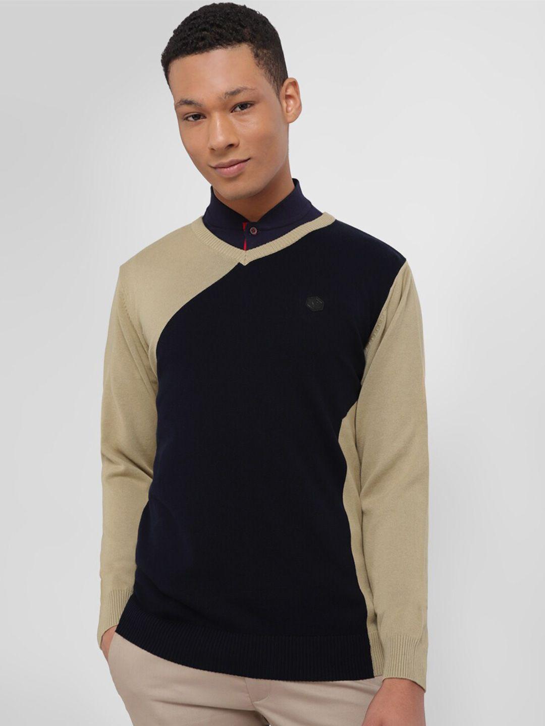 allen solly colourblocked v-neck long sleeves cotton pullover sweater