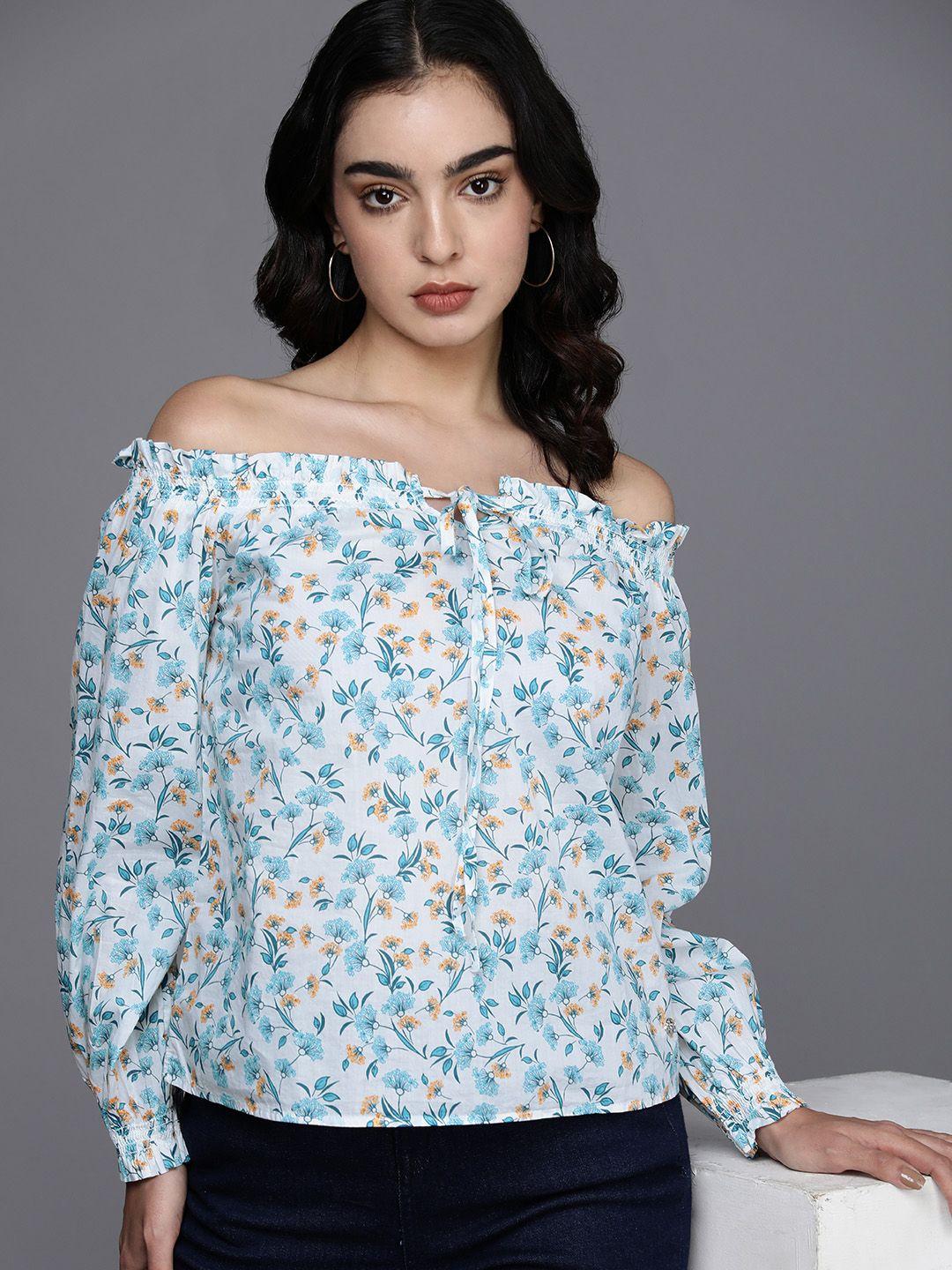 allen solly floral print off-shoulder puff sleeves pure cotton bardot top
