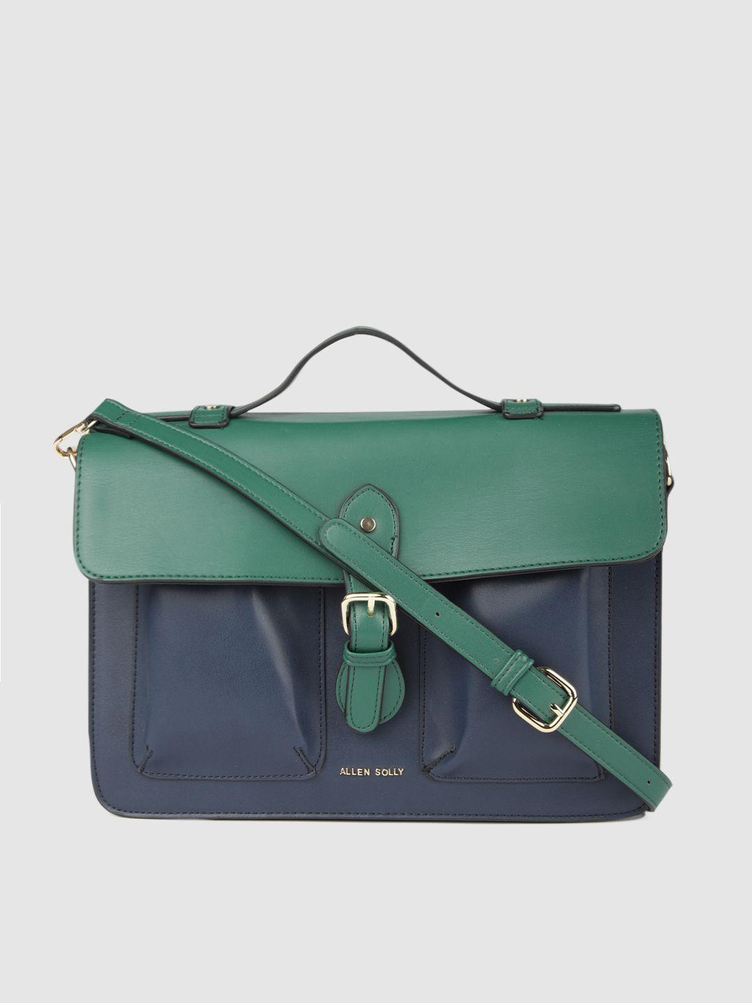 allen solly green & navy blue colourblocked satchel