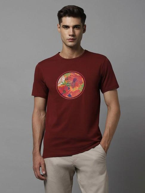 allen solly jeans maroon cotton regular fit printed t-shirt