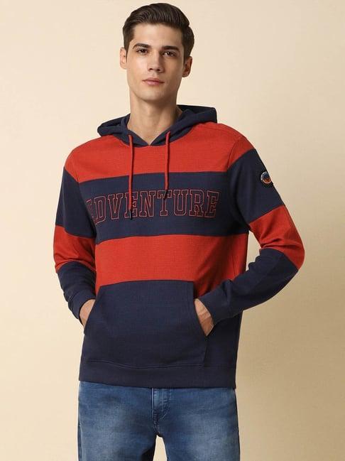allen solly jeans navy & brown regular fit striped hooded sweatshirt
