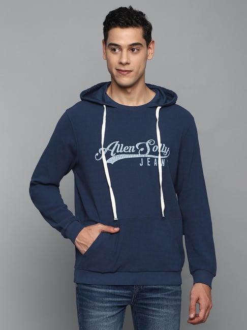 allen solly jeans navy regular fit printed hooded sweatshirt