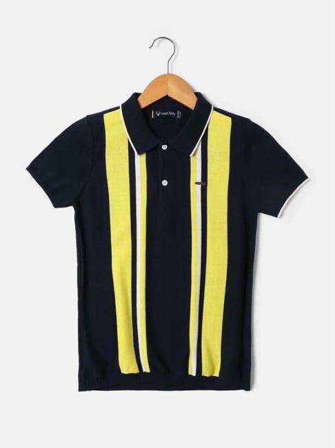 allen solly junior black & yellow cotton striped polo t-shirt