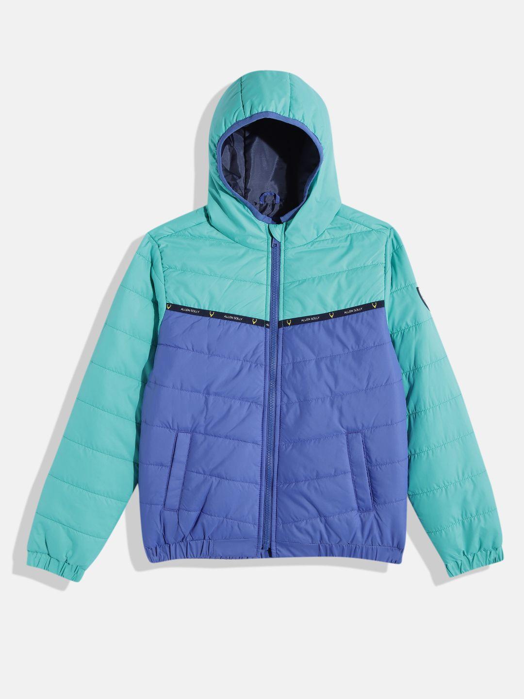 allen solly junior boys blue & green colourblocked hooded padded jacket