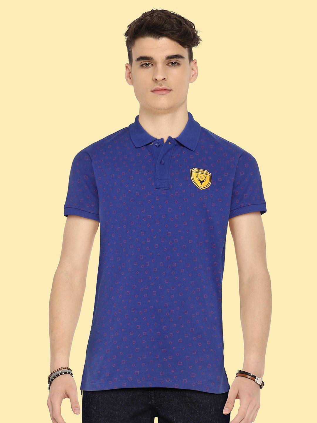 allen solly junior boys blue & red geometric print brand logo applique polo collar t-shirt