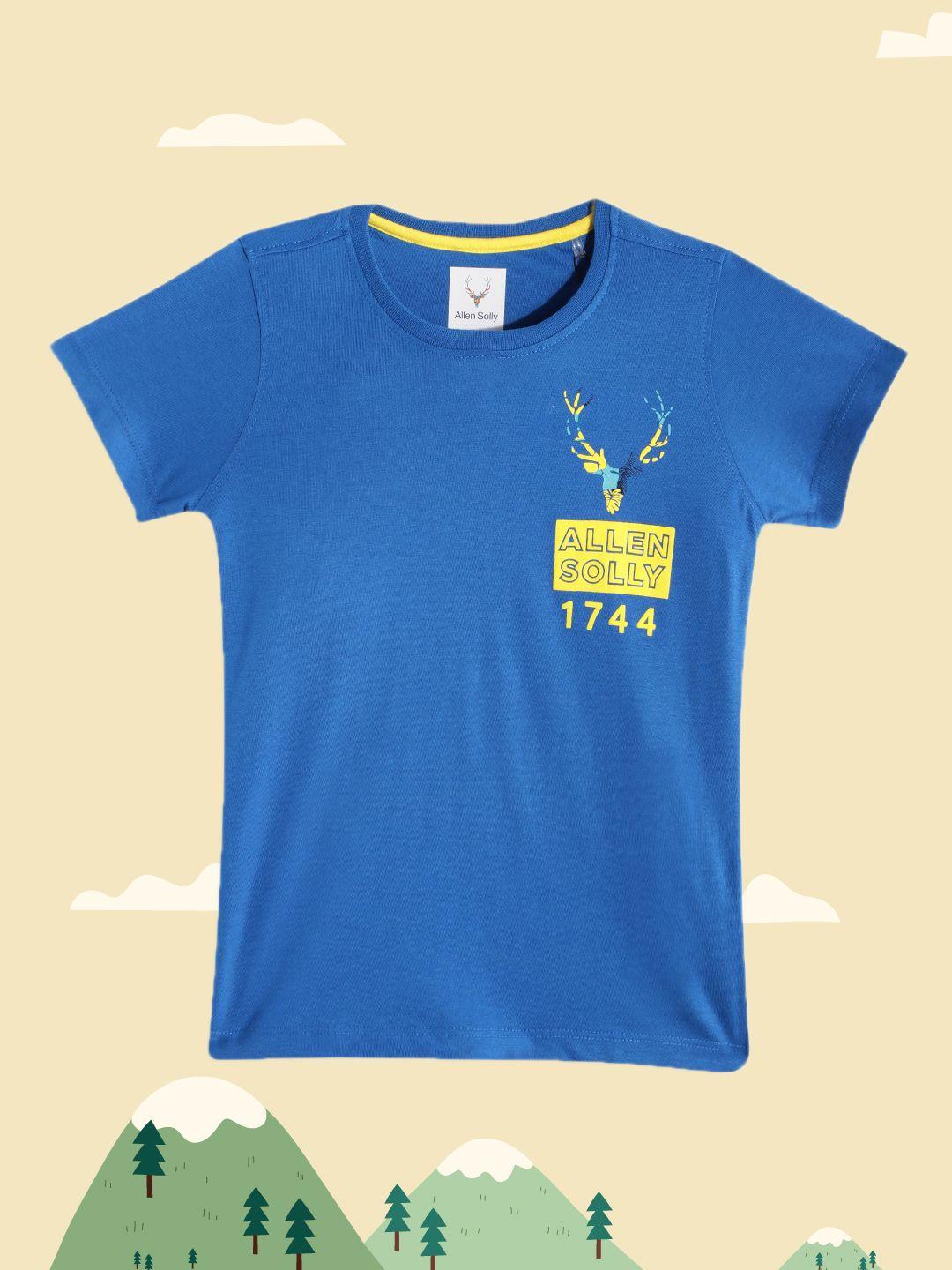 allen solly junior boys blue & yellow pure cotton brand logo printed t-shirt