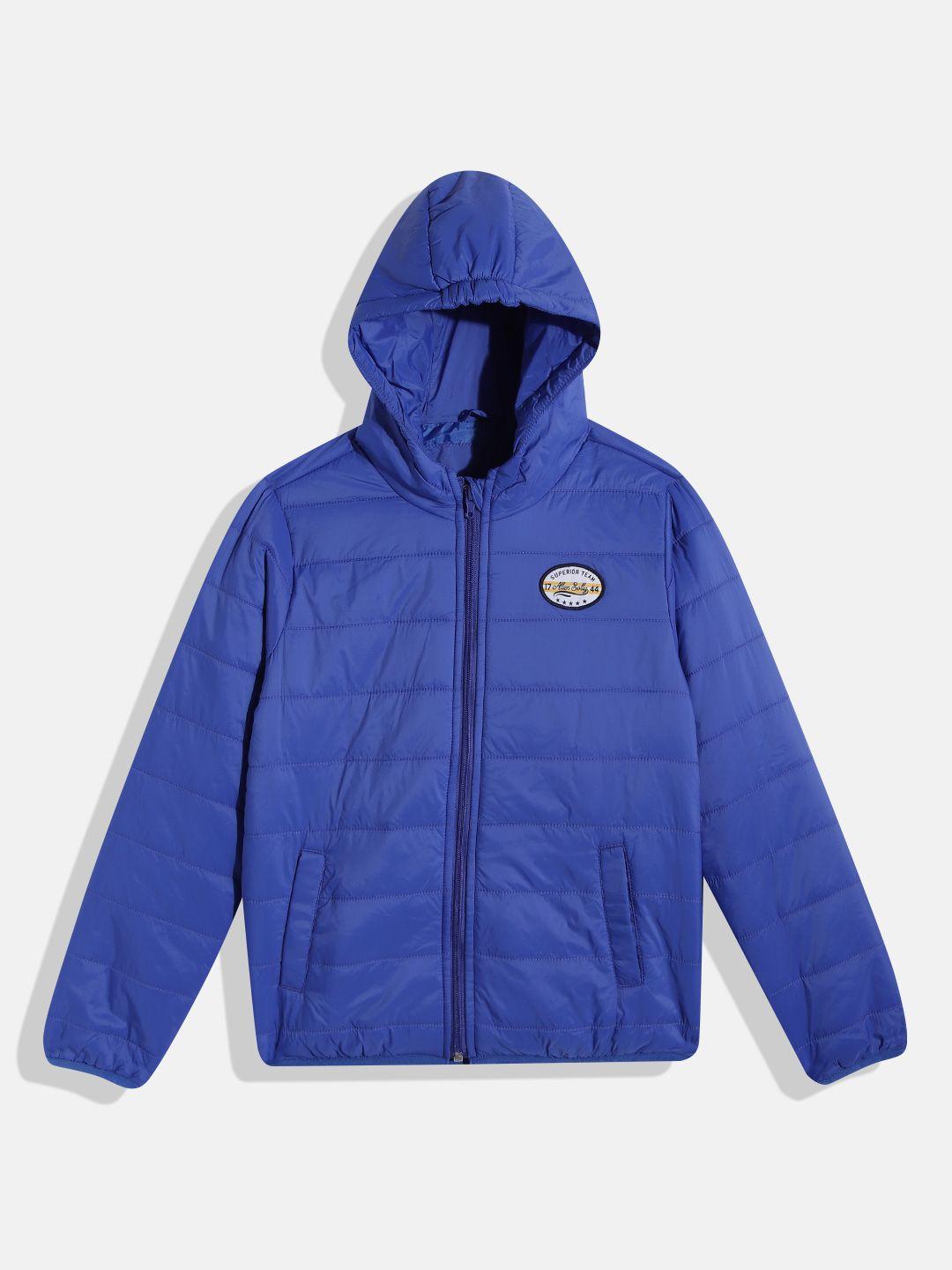 allen solly junior boys blue solid hooded padded jacket with pouch