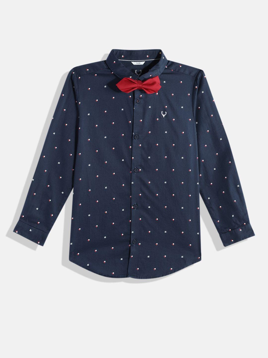 allen solly junior boys brand logo printed pure cotton casual shirt with a bow