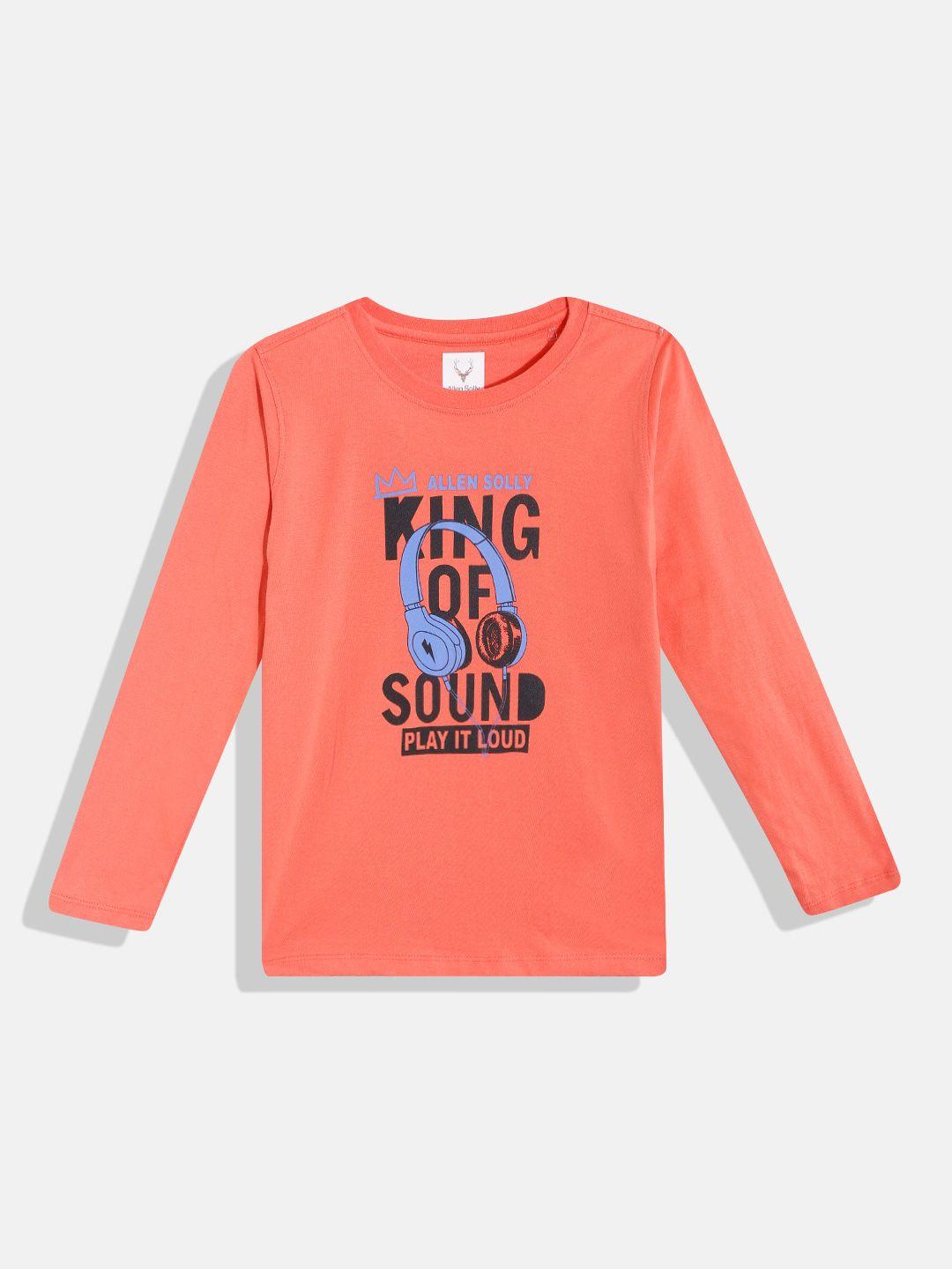 allen solly junior boys coral orange & black typography printed pure cotton t-shirt