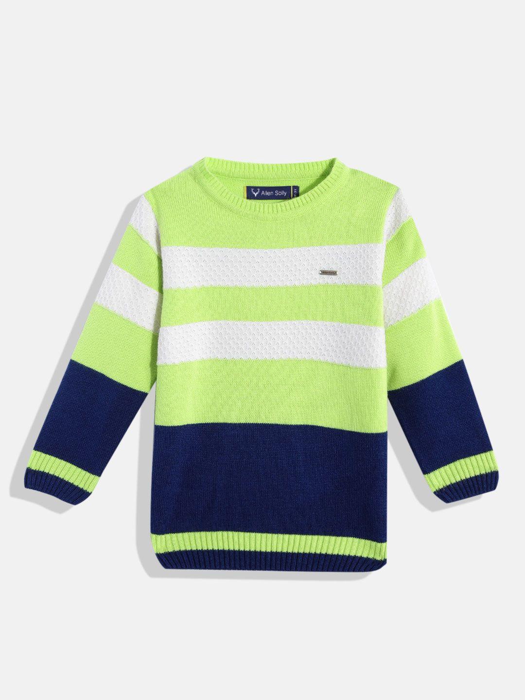 allen solly junior boys fluorescent green & navy blue striped striped pullover