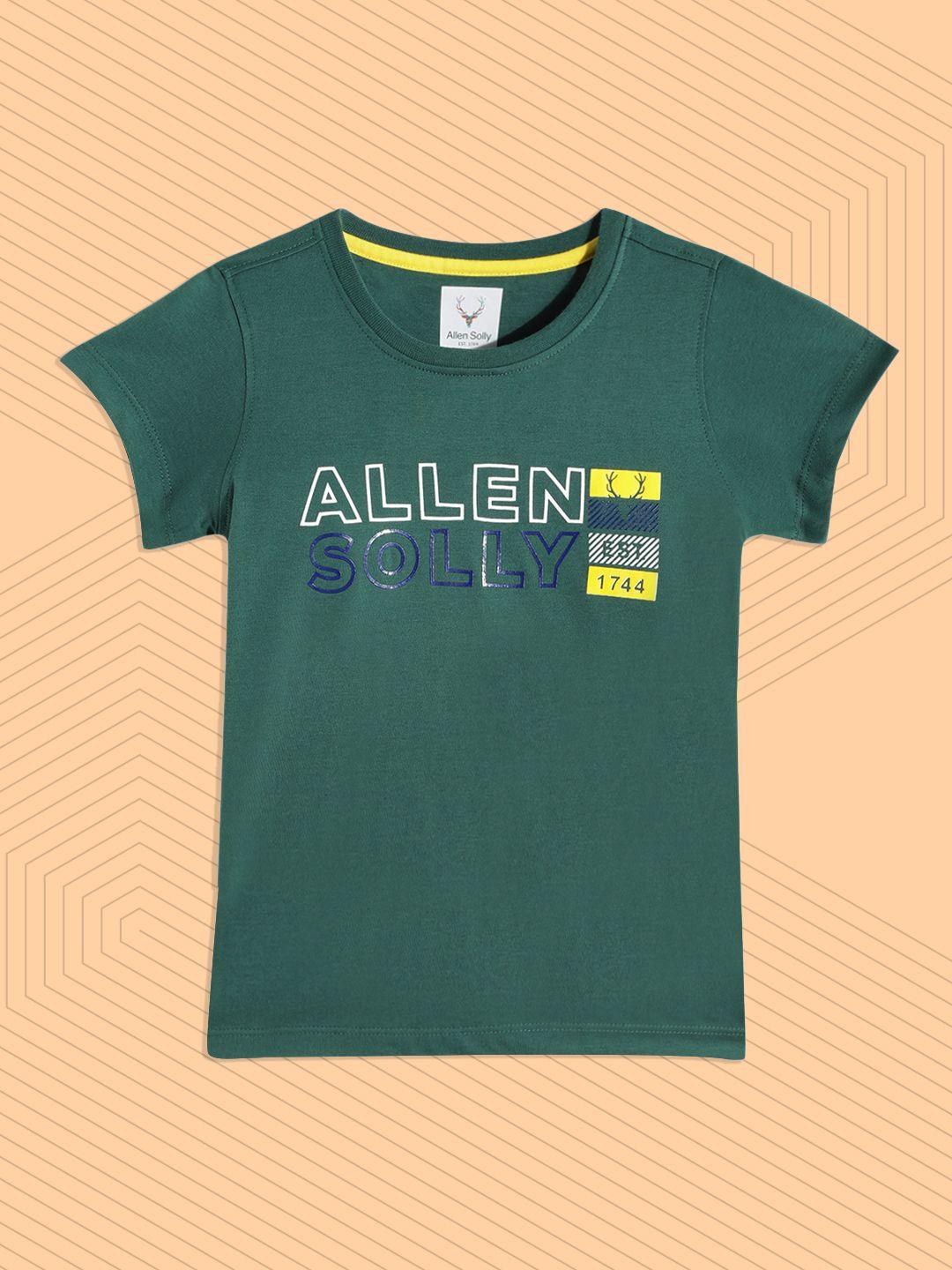 allen solly junior boys green & navy blue  pure cotton brand logo printed t-shirt