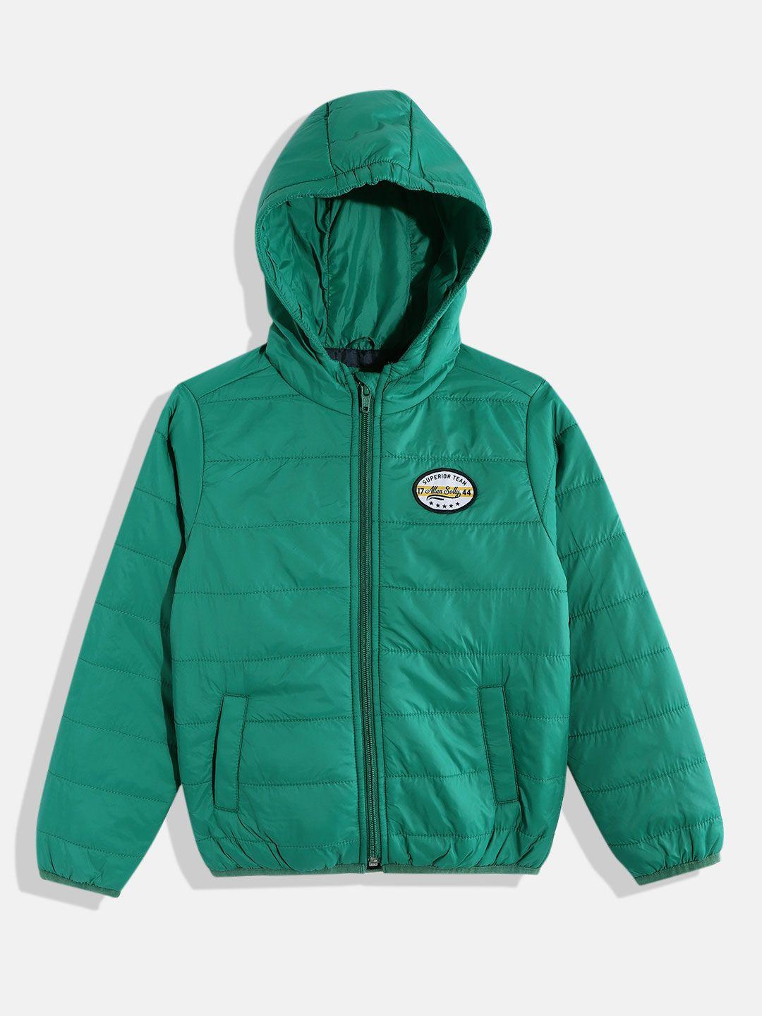 allen solly junior boys green solid padded hooded jacket