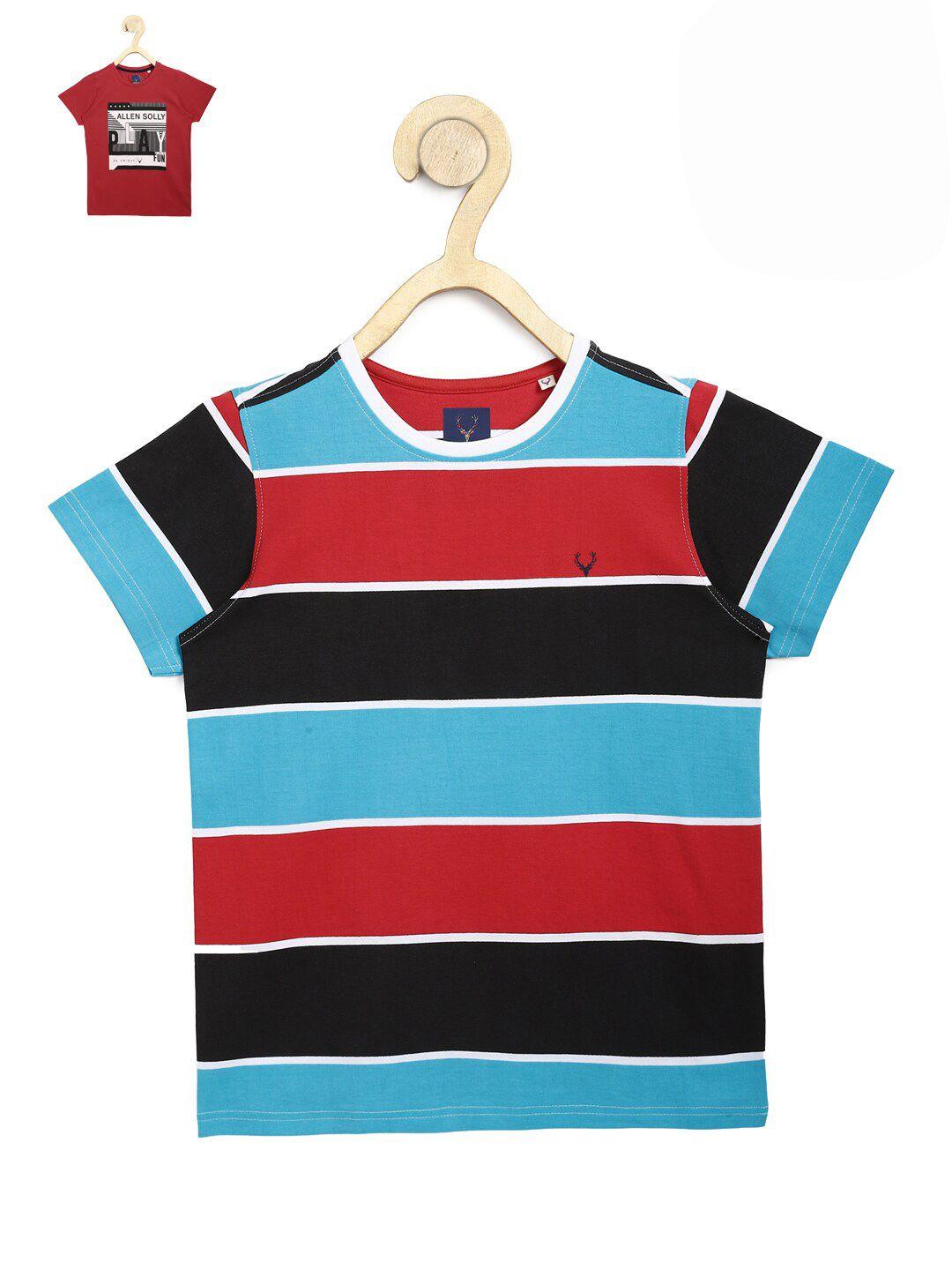 allen solly junior boys maroon & blue set of 2 striped cotton t-shirt