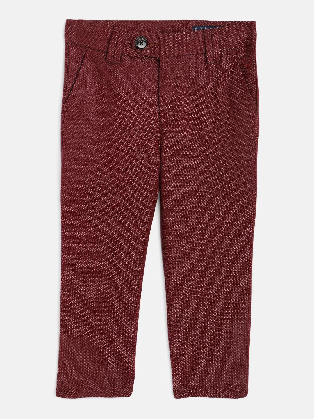 allen solly junior boys maroon slim fit self design regular trousers