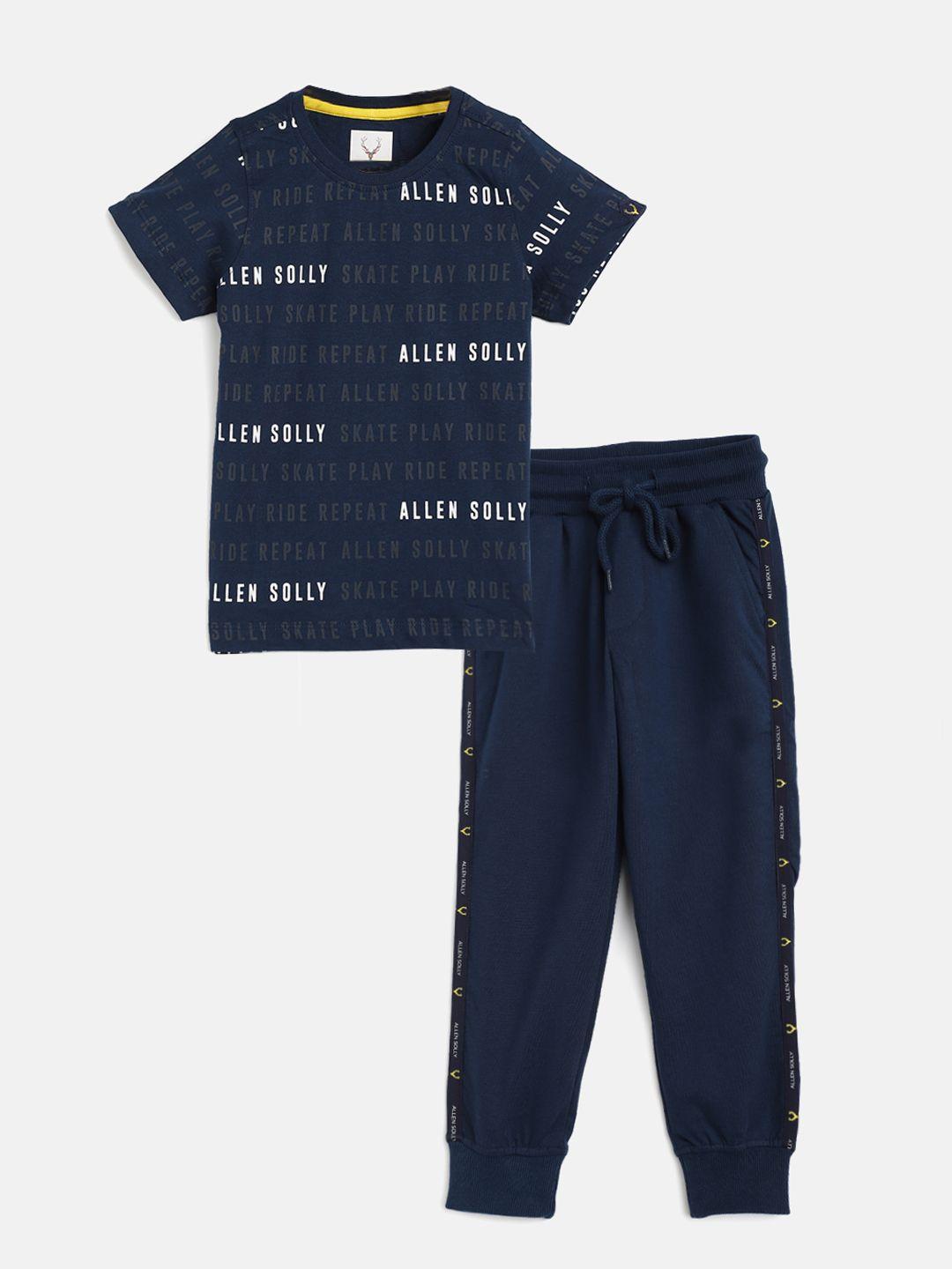 allen solly junior boys navy blue & charcoal grey printed cotton t-shirt with joggers