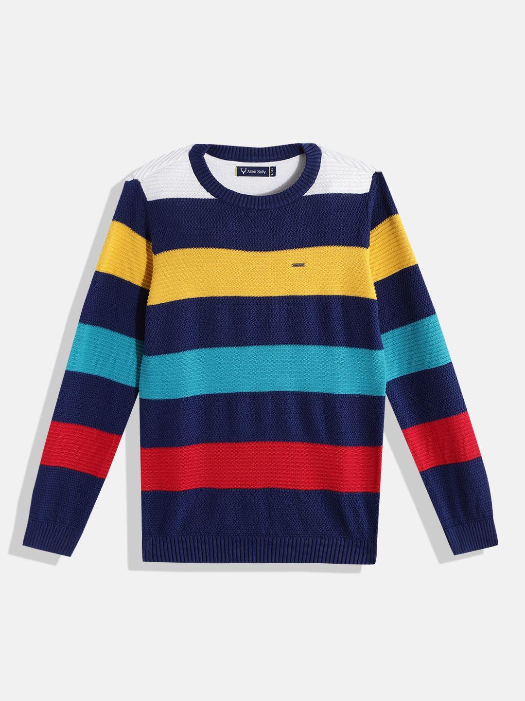 allen solly junior boys navy blue & mustard yellow pure cotton striped pullover