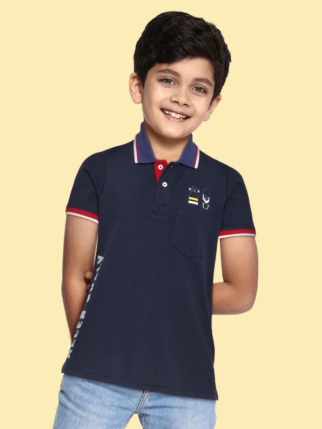 allen solly junior boys navy blue & white brand logo printed polo collar pure cotton t-shirt