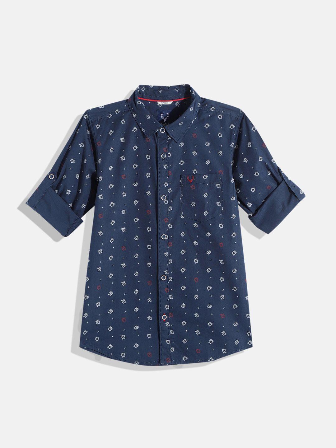 allen solly junior boys navy blue & white pure cotton classic printed casual shirt