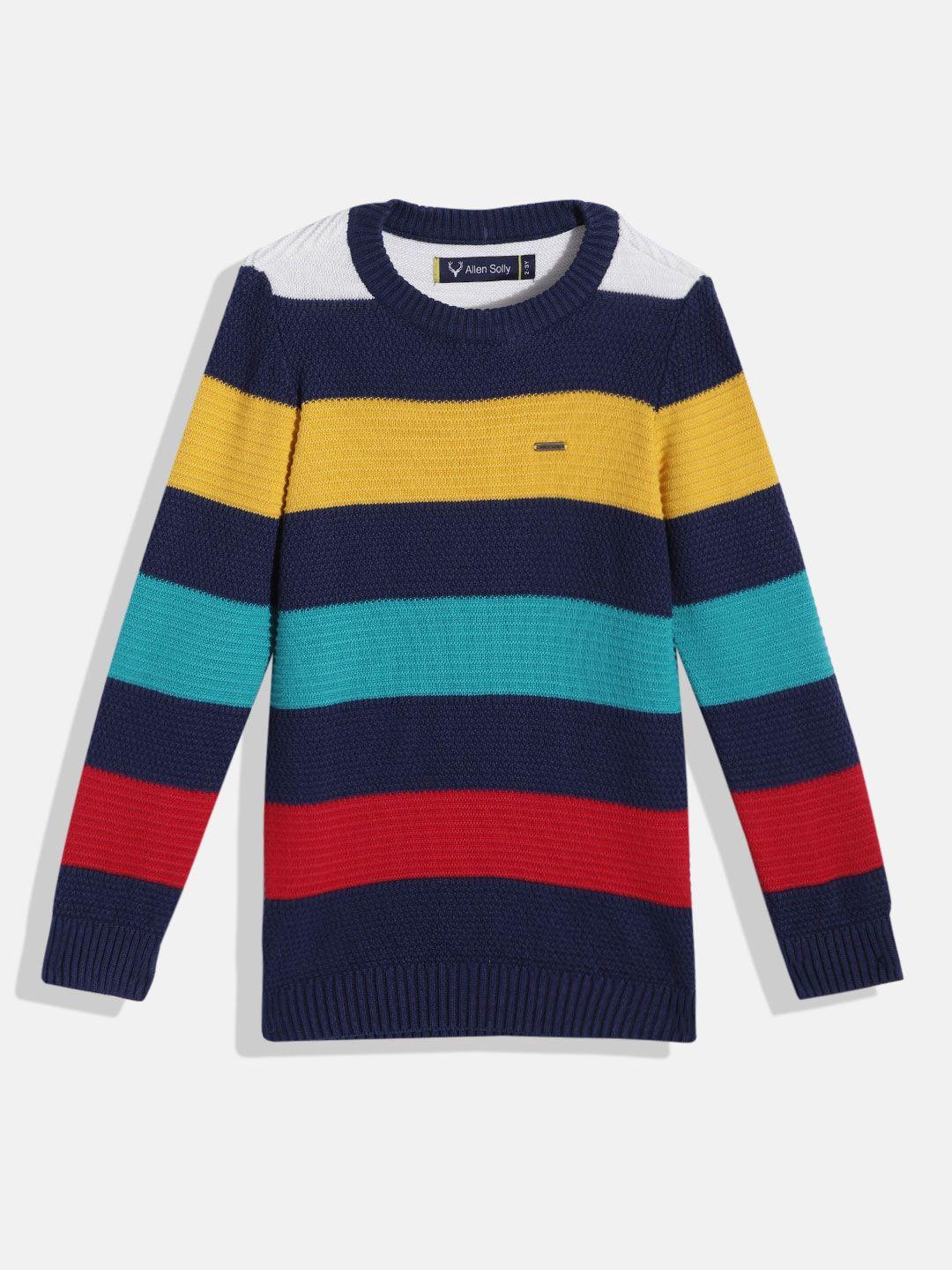 allen solly junior boys navy blue & yellow pure cotton striped striped pullover