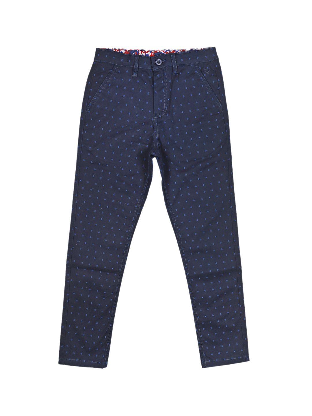 allen solly junior boys navy blue printed slim fit trousers