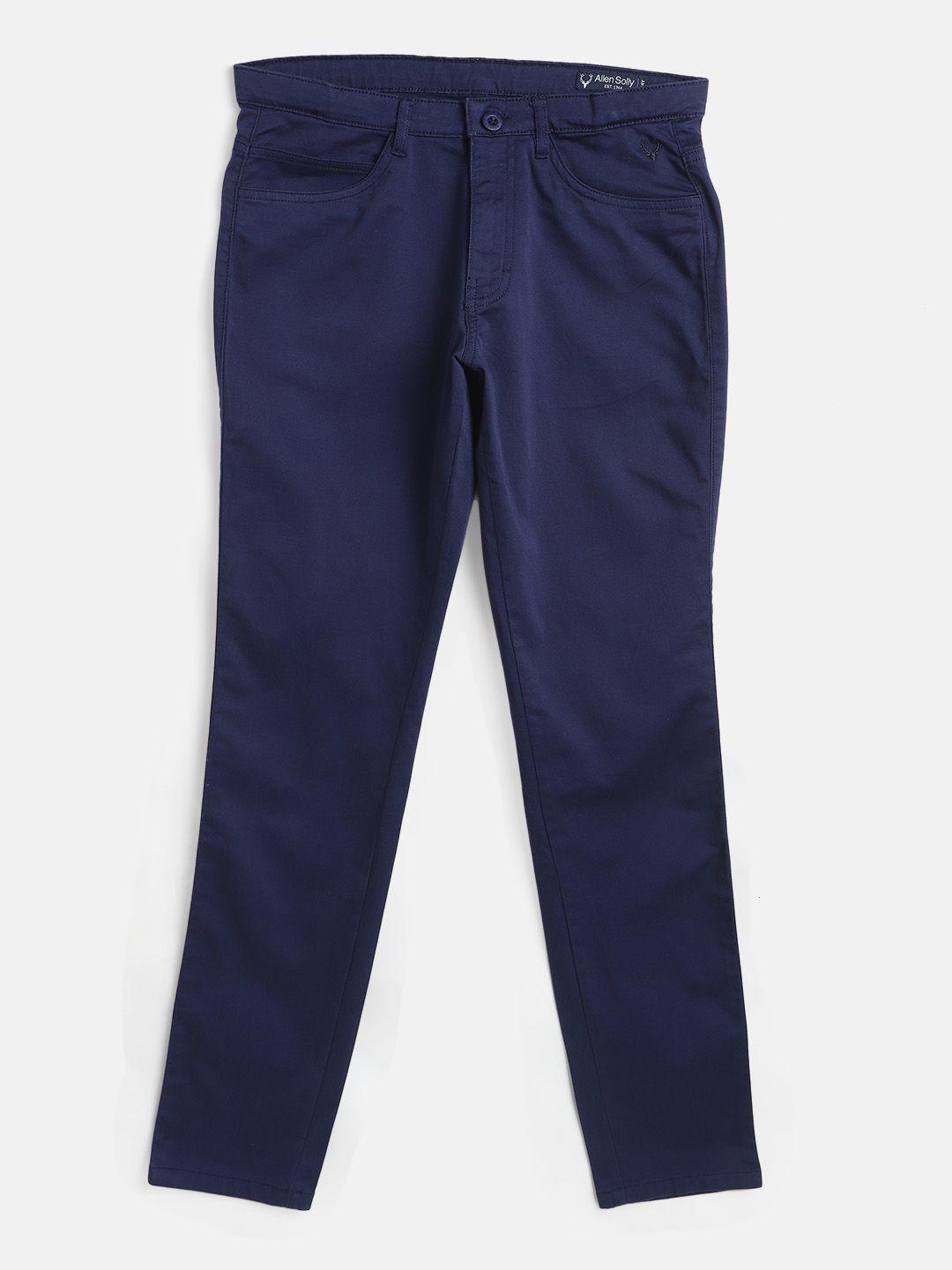 allen solly junior boys navy blue solid cotton slim fit trousers