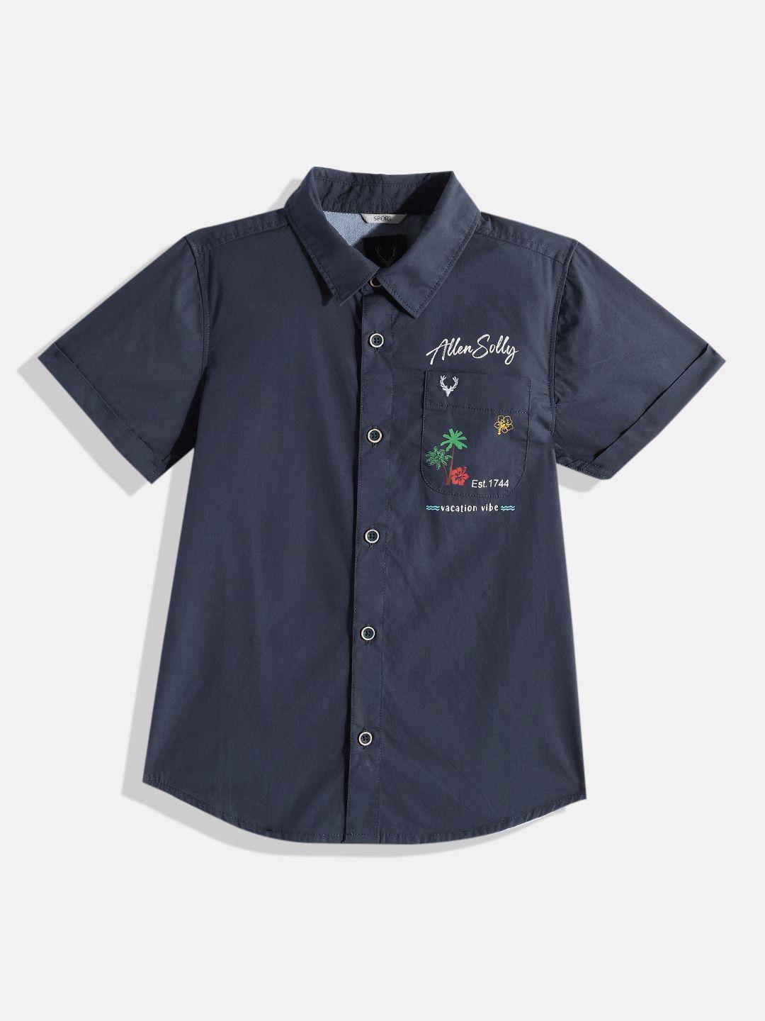 allen solly junior boys navy blue sport back printed pure cotton casual shirt