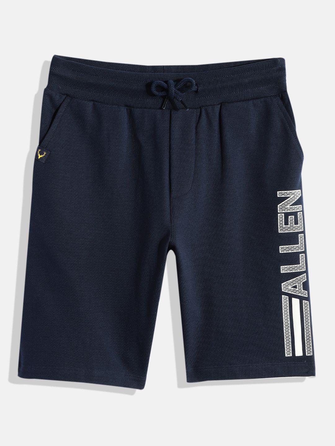 allen solly junior boys navy blue typography pure cotton regular fit shorts