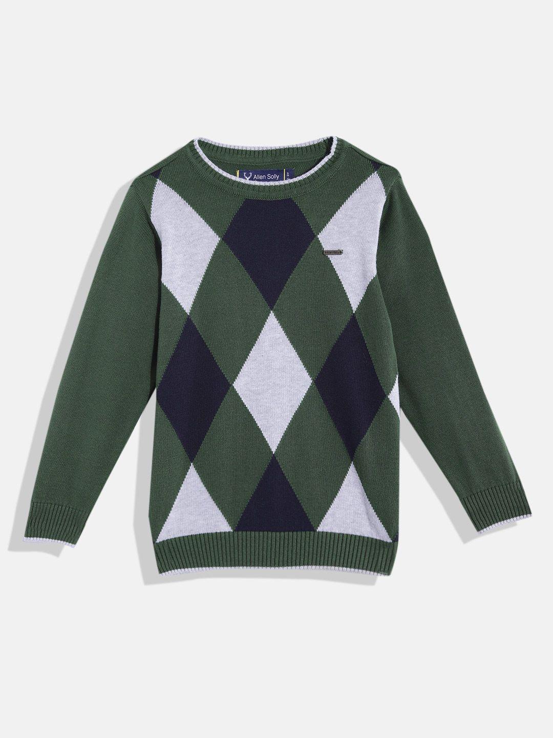 allen solly junior boys olive green & navy blue checked cotton pullover