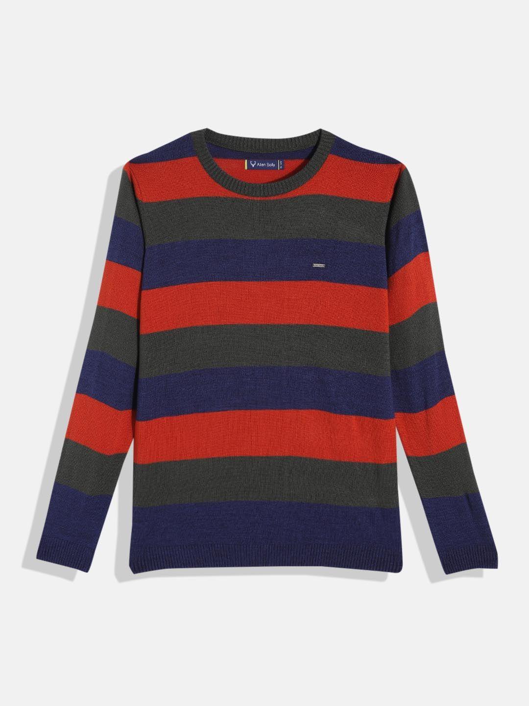 allen solly junior boys olive green & navy blue striped pullover