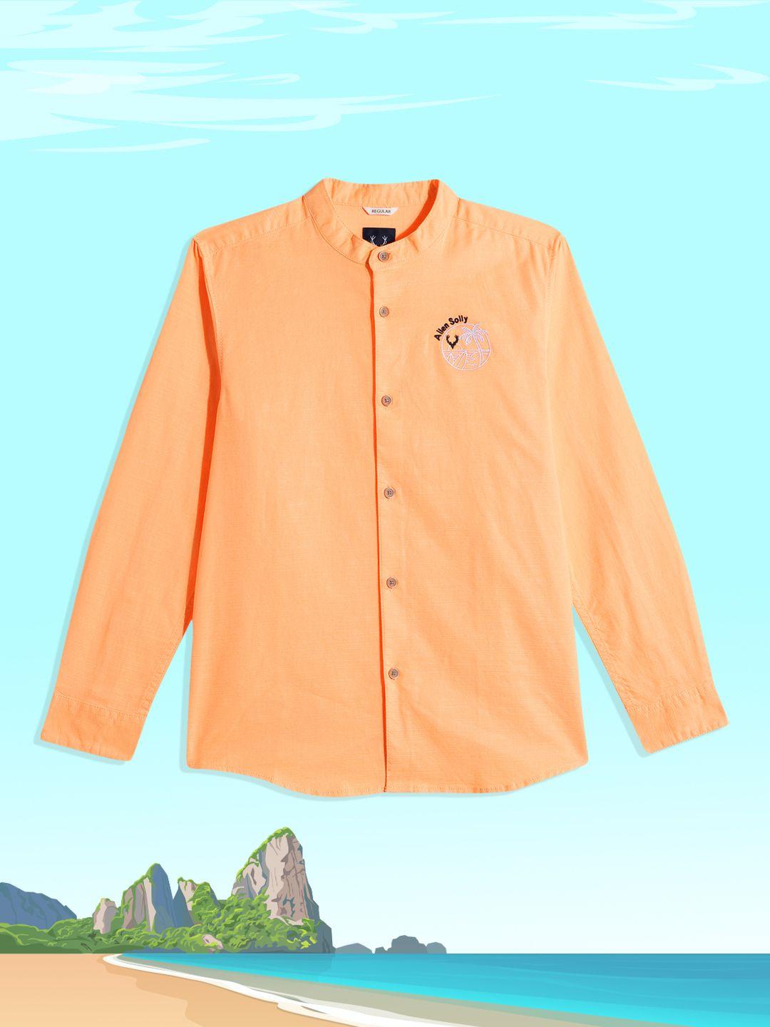 allen solly junior boys orange regular fit solid opaque pure cotton casual shirt