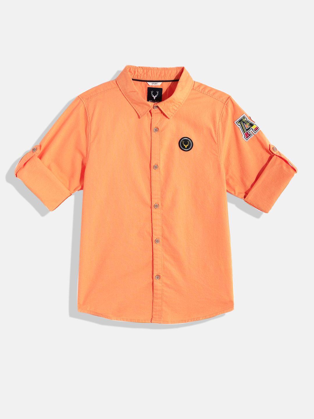allen solly junior boys orange solid pure cotton casual shirt