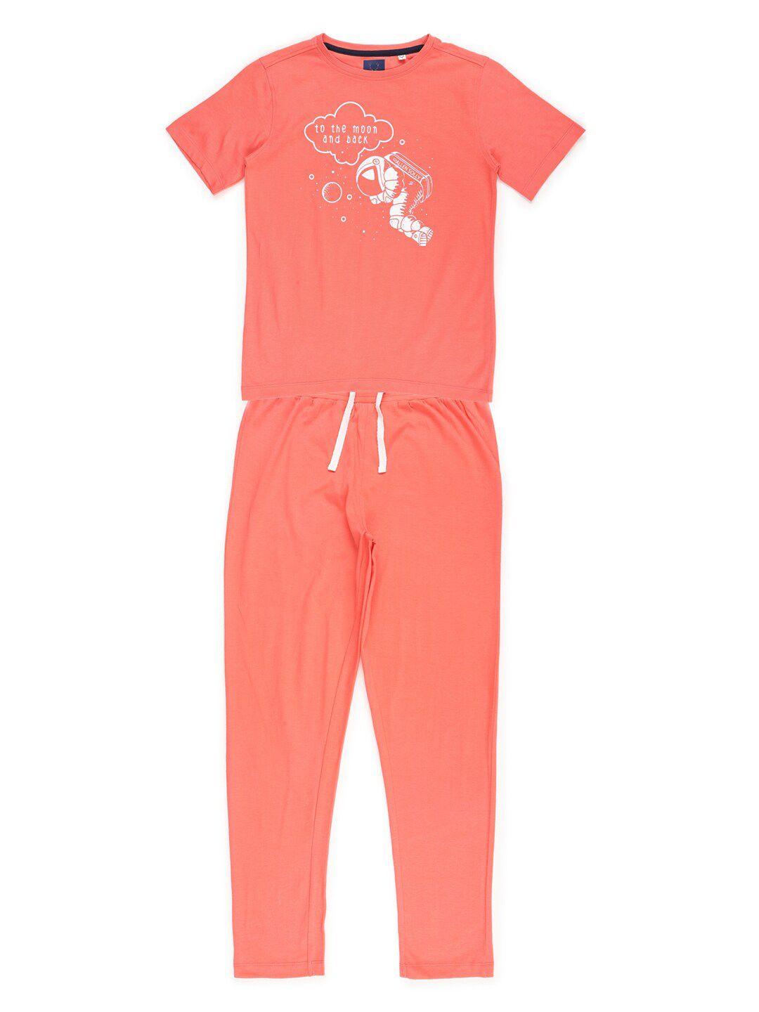 allen solly junior boys peach-coloured printed night suit